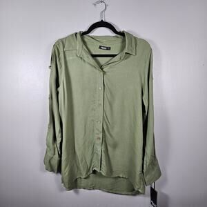 Michael Lauren Nobel Button Up Shirt‎ Green Rayon Slit Sleeve Strap Detail Sz S